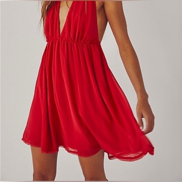 NWT FREE PEOPLE XL Esme Mini Dress Brilliant Blue Halter Top Chiffon Satin Strap - Picture 4 of 15